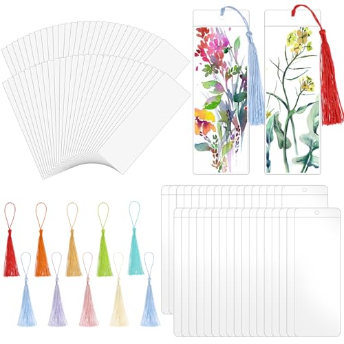 60 Sets Kraft Paper Blank Bookmarks with Tassels Cardstock DIY Bookmark Making Kit DIY Projects Party Favor Gift Tag Bulk PVC Tags 60 Bookmarks 60 Clear Bookmark Sleeves 60 Tassels