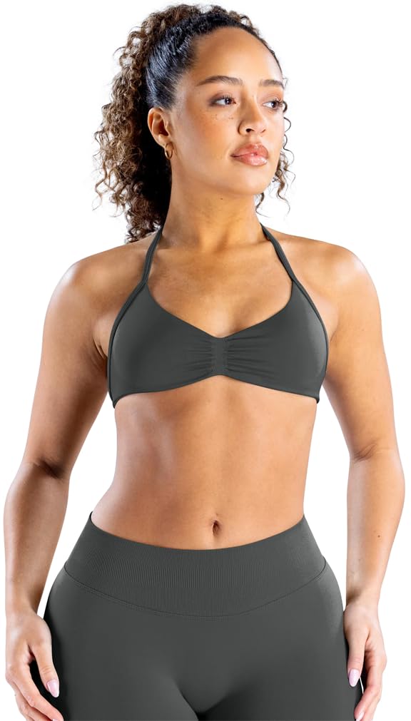 TRYTO Impact Strappy Bra Backless Halter Sports Yoga Top Women Workout Fitness Gym Outdoor Front Motion Scrunch Tops Shark Grey L