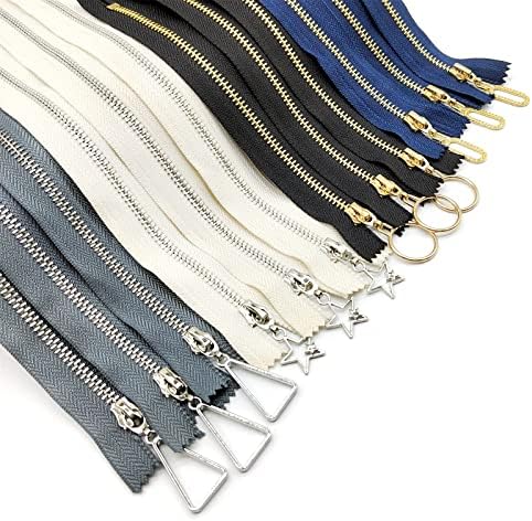 Metal Zipper fo Sewing 12 Pcs, 4 Sizes 15/20/30/40cm Mixed Colored Zipper with Geometry Metal Slider Close End DIY Craft Sewing Zipper for Pouch Tote Bag Purse Cushion and Pencil Case Clothes