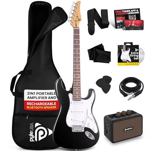 Pyle Kit de guitarra eléctrica, Amplificador, Pack completo, Principiantes, Bluetooth, Estuche, Correa, Cuerdas, Púas, Paño, Pastillas ST con accesorios, 99 cm
