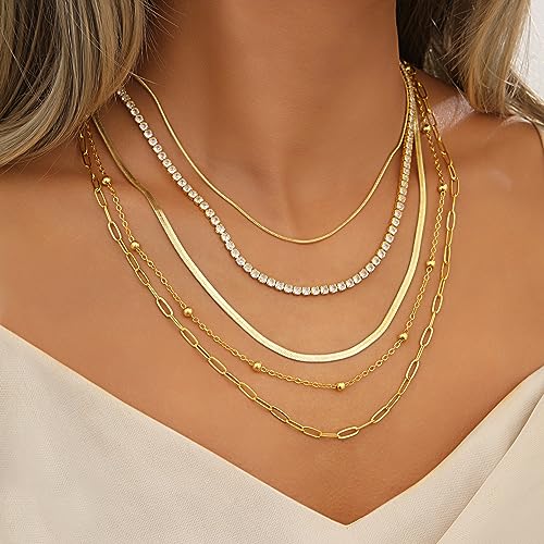 iF YOU 6 Pcs Gold Chokers Necklace Set for Women, 14k Gold Plated CZ Pendant Necklace, Trendy Dainty Snake Chain Layered Necklaces for Jewelry Gifts2