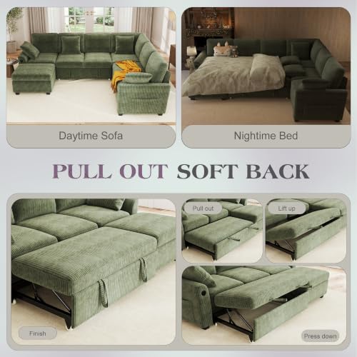 Image of Hanherry Sectional Sofa with Pull Out Couch Bed,6 Seats Corduroy Sleeper Sofa with Storage Ottoman & USB Charging,Comfy L Shaped Modular Couches for Living Room,Apartment