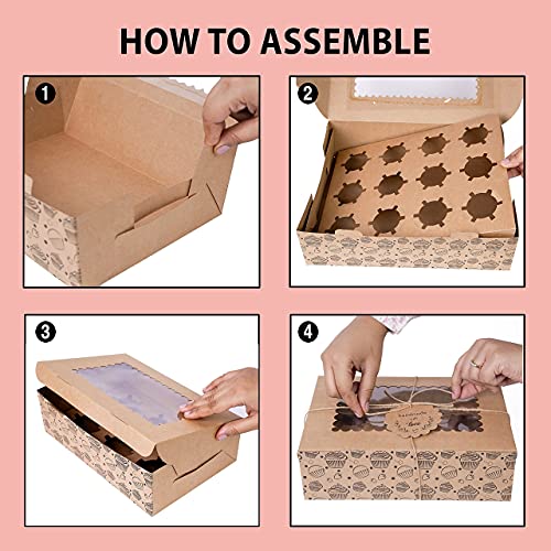 Image of mudrit Kraft Cupcake Boxes with Insert, Brown Cupcake Carrier, Food Grade Kraft Bakery Boxes with Windows and Inserts (10 pcs, 12 holder)