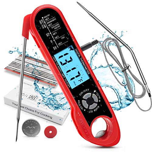 Top Rated Digital Meat Thermometer, 2-in-1 Waterproof Instant Read Food Thermometer, with Foldable Probe & Oven Safe Wired Probe, Backlight Alarm Function, for Oven, Smoker, Grill, BBQ, Baking, and Turkey