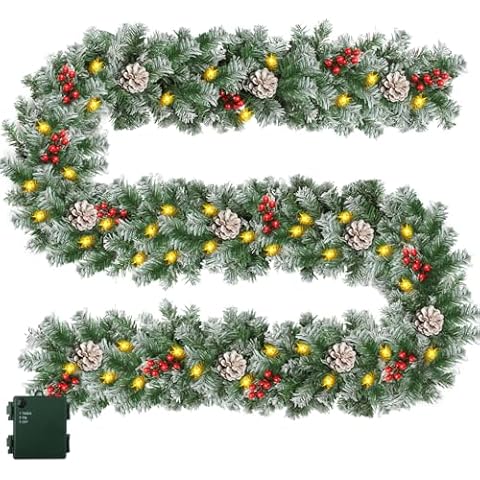Christmas Garland with Timer - Prelit Xmas Garlands with Lights - Lighted Pine Cone Berry Christmas Garlands with Battery Powered String Light for Indoor, Party, Home Decoration, 9 Ft by 10 Inch Cover