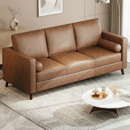 GAOMON 81" Leather Couch for Living Room, Mid Century Modern 3-Seater Sofa with Deep Seat, Faux Leather Sofa for Apartment, Home Office, Brown, Brown