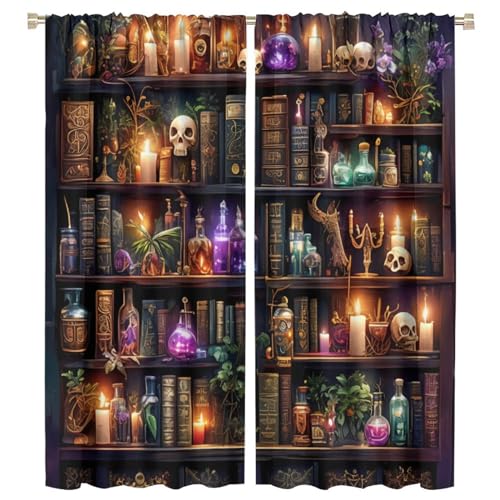 TOWINSFB Bookshelf Skull Blackout Curtains for Bedroom Living Room, Gothic Library Candles Book...