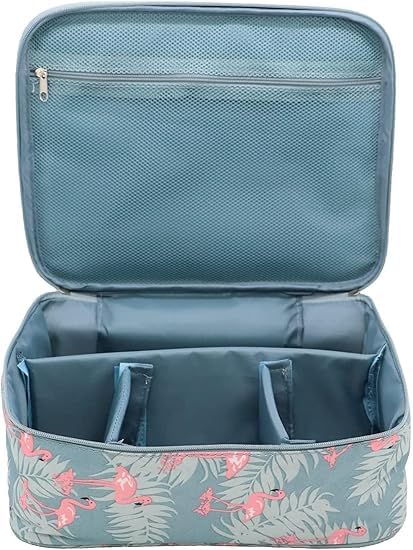 bhavika Creation Portable Makeup Travel Case, Flamingo Design, Blue Storage Organizer with Removable Dividers