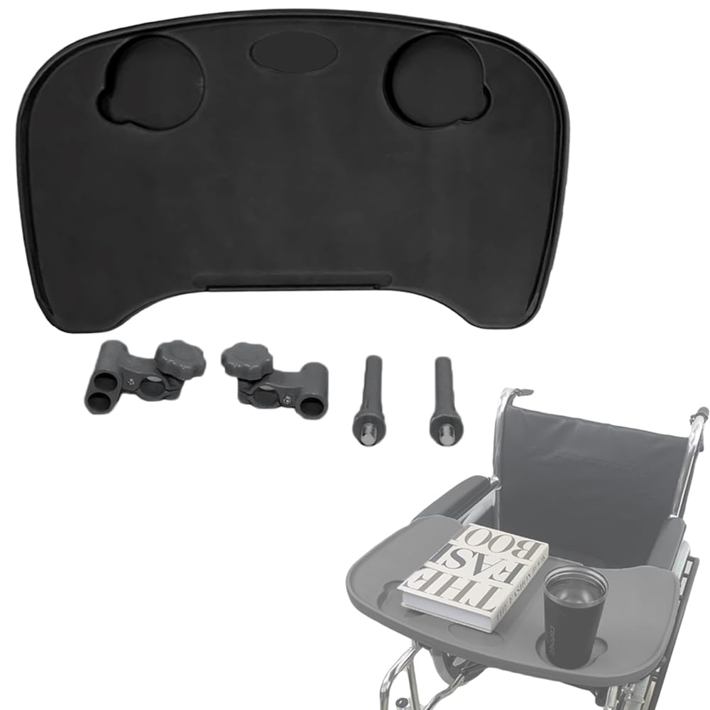 Rollstuhl-Tablett mit Getränkehalter, abnehmbarer Rollstuhl-Schreibtisch, Knietafel für Krankenpfleger, Esshilfe, passend für Rollstuhlarme mit Abstand von 40,6 cm und 50,8 cm, Schwarz