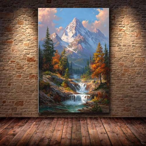 Peinture décorative automne et paysage montagnard vert encadré