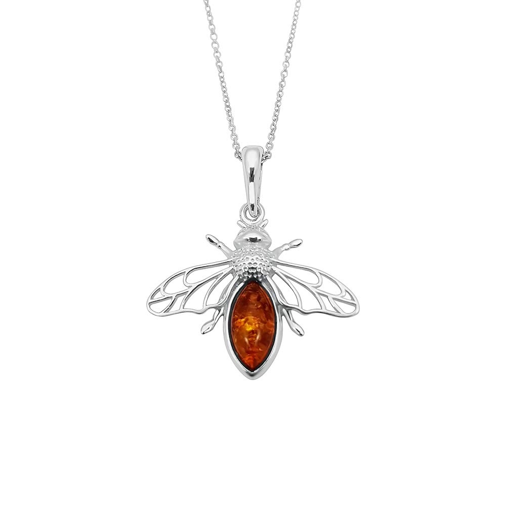 Collier Pendentif Abeille En Argent 925 Avec Ambre – Chaîne 45,7 Cm – Kiara Jewellery – Cadeau Femme