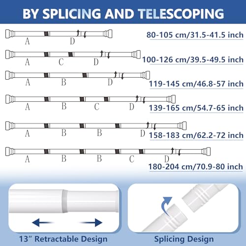 GOOWIN Duschvorhangstange Ohne Bohren, 80-204 cm Ausziehbar, Metall Teleskopstange für Badezimmer, Kleiderschrank, Fenster (Weiß)