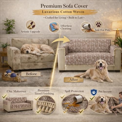 Image of STITCHNEST Woven Fabric Sofa Cover 2 Seater with 2 Hand Rest Covers - Washable Brown Sofa Cover with Tassels - Durable Premium Fabric - Stylish Sofa Protector for Living Room & Furniture Decor