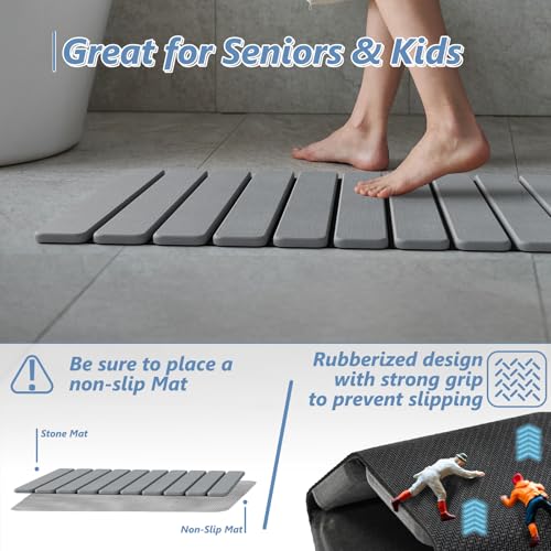 Image of AWW Foldable Stone Bath Mat, Quick Dry Diatomaceous Earth Bath Mat with Non-Slip Mat, Super Absorbent, Easy to Clean, Compact for Small Bathrooms, 23.6 x 15.5, Grey
