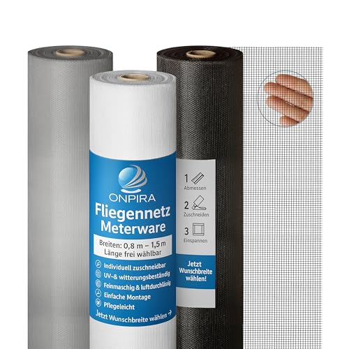 Onpira® Fliegennetz Meterware 120 cm Grau – Fiberglas Insektenschutz für Fenster & Tür – 10x Reißfester als Standard-Fliegengitter – Zuschneidbar, UV-beständig, Luftdurchlässig