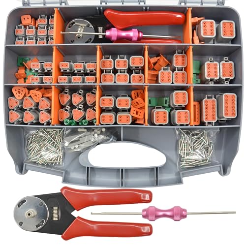 345 pcs DT Deutsch Connector Kit, 2 3 4 6 8 12 Pin Waterproof Connectors, Crimping Tool(12-20AWG), Connector Removal Tool, 100Pairs 16# Solid Terminal Contacts for Cars Motorcycle Boat