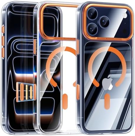 Maledan for iPhone 17 Pro Case Clear Orange - Aluminum Camera Frame Magnetic 17 Pro Case Fit for Mag Safe, Camera Control, Slim Transparent Shockproof Bumper Phone Cover for Apple iPhone 17 Pro