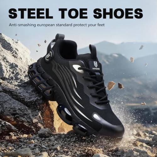 Image of Hogent Steel Toe Shoes for Men, Cushioned Safety Work Sneakers | Steel toe, anti-puncture Kevlar midsole, wear-resistant outsole, cushioned breathable mesh, sporty work daily shoes