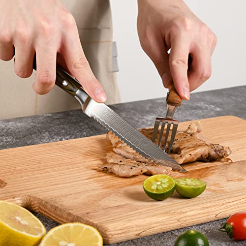 Damascus Serrated Steak Knife Set Of 6 With Case, 5 Inch Serrated Steak Knife, 67 Layers Steel Blades Hand-Sharpened To 15°, Non-Slip G10 Ergonomic Triple Rivet Handle For Gift, Natural Wooden Box #TOP6
