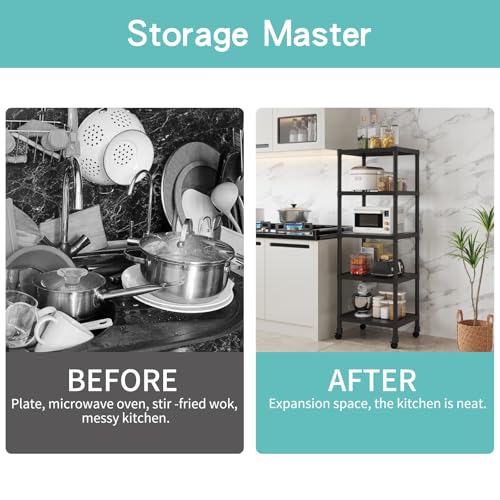 Image of HOME CUBE 5-Tier Storage Shelf with Plastic Shelves with Wheels Kitchen Organizer Rack Microwave Stand Bookshelf Standing Shelf Units Multipurpose Storage Rack for Living Room - 50x35x144 cm