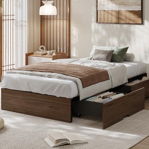 Image of GarveeHome Twin Size Wood Platform Bed Frame with 2 Storage Drawers, Wooden Bed Frame Without Headboard, Wood Slat Support, No Box Spring Needed, Easy Assembly