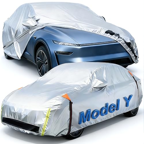 Polynex Car Cover for Tesla Model Y (2020-2026) 100% Waterproof All Weather & UPF50+，Custom Fit Car Cover Outdoor with Charging Port & Door Zipper&Ventilated Mesh，Provide Snow/Rain/Dust/UV Protection
