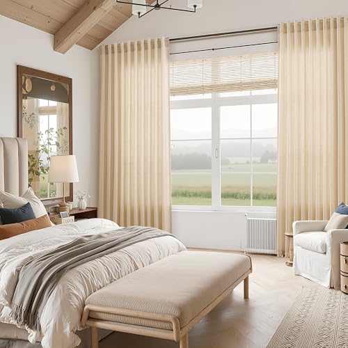 Image of Tan Linen Curtains 96 Inches Long for Living Room Rod Back Tab Vintage Rustic Farmhouse Light Filtering Curtain Burlap Textured Linen Drapes 96 Inch Dinning Room Bedroom 52x96 8FT,2 Panels