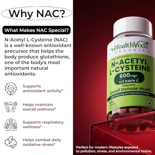 Image of Health Veda Organics N-Acetyl L-Cysteine (NAC) 600 mg | 60 Veg Tablets (Pack of 2) | Lung, Respiratory Support & Antioxidant Supplement