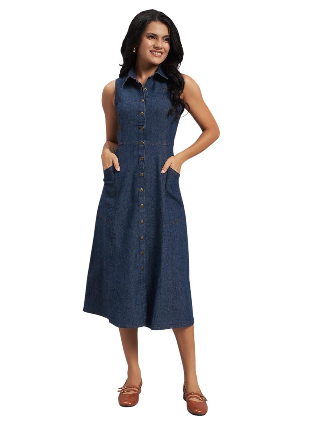 Blue Denim Sleeveless Midi Dress-image-42