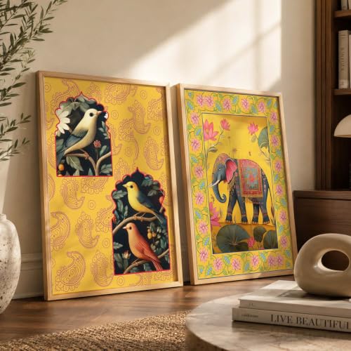 Image of kotart - Traditional Indian Wall Art Madhubani Paintings for Living Room Framed Wall Painting for Home Room Bedroom Office Decor Pichwai Art Painting Decoration Poster With frames Paintings Home Decoration Indian Decor Frames set of 2 (7, (14x20 Inch), Framed)
