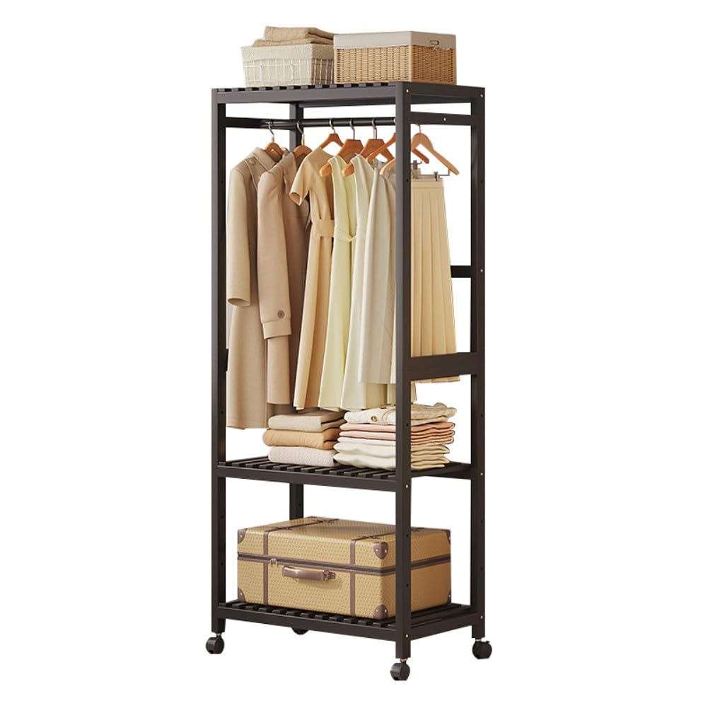 Aycdl C Rolling Open Wardrobe With Wheels Sturdy Wooden Lothing Rack Bamboo Garment Rack Wooden Oat Stand With Shoe Storage 2-Tier Shelf Easy Assembly For Bedroom & L,-63Cm