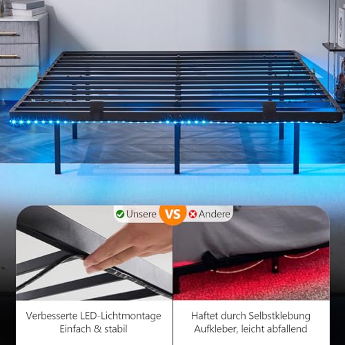 Bonnlo Bettgestell 180x200 cm mit Lattenrost, Bett 180x200 cm mit LED Beleuchtung, Metallbett Robust, Schwebenbett mit 36 cm Höhe schwarz (ohne matratze)