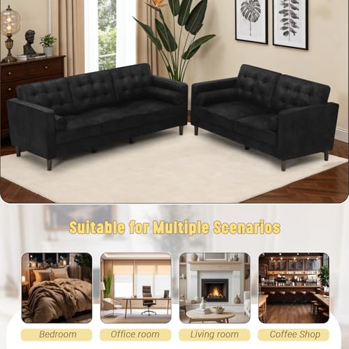 Image of Suede Leather Upholstered Sofa Set with Tufted Backrests, Black | 3 Seaters Couch and Loveseat Sofa with Bolster Pillows, 2 Pieces Living Room Set for Living Room, House