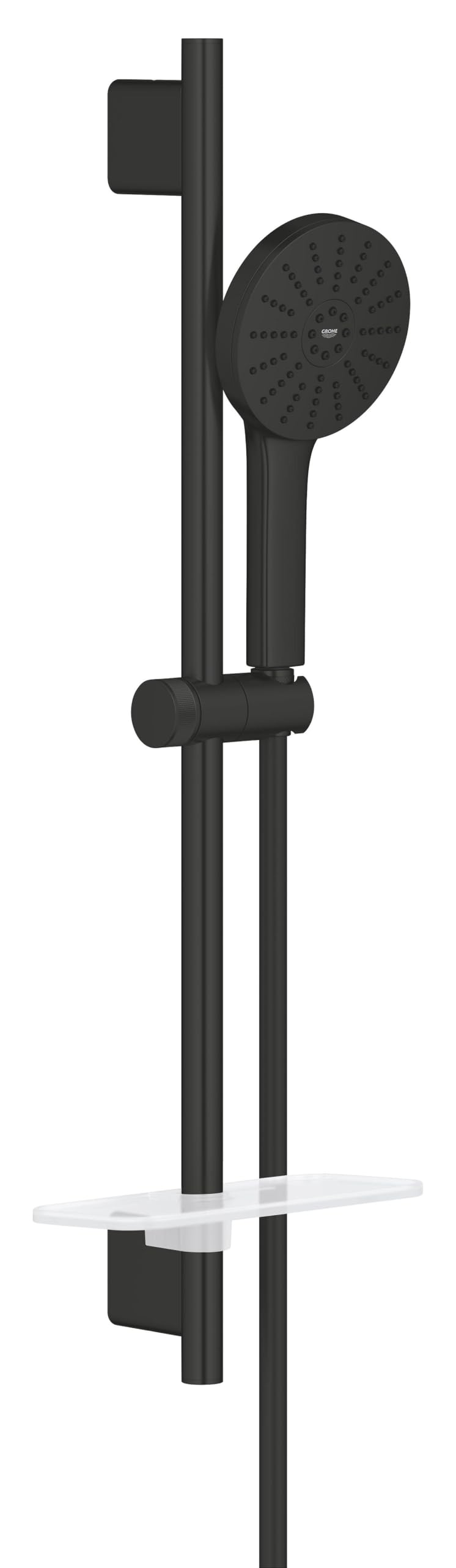 GROHE Vitalio Joy+ 120 Shower Rail Set: (Hand Shower ⌀ 120 mm 3 Sprays, Water-Saving 6.3 l/min, Scalding Protection, Hose 1.75 m, Rail 60 cm with Tray, Min. Pressure 1 Bar), Matt Black, 1348662430