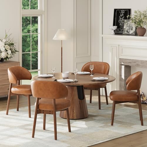 MALOL Wooden Dining Chairs Set of 4 Modern Upholstered Dining Room Chair PU Leather Kitchen Side Chairs with Curved Open Back for Living Room/Restaurant/Cafe Brown