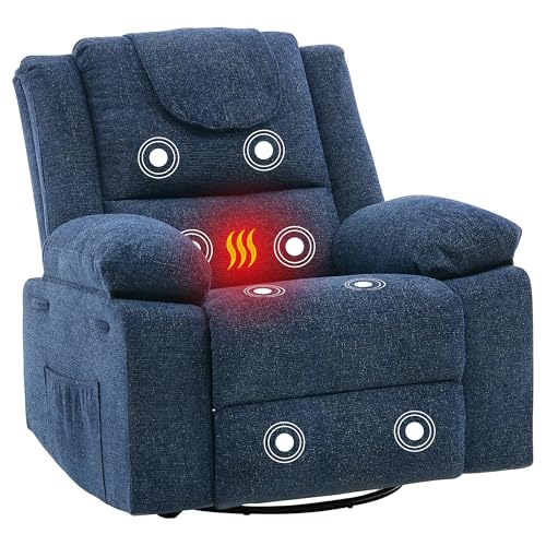 Image of Oversized Swivel Rocking Recliner Chair for Adults, 360 Swivel Glider Nursery Chair with Vibration Massage & Heat, Comfortable Single Sofa for Living Room Bedroom, Blue