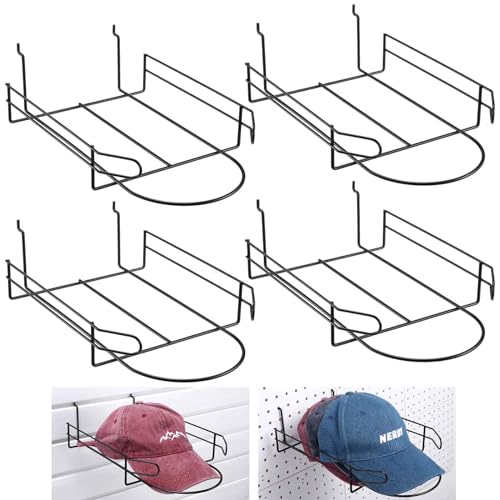 Kigley 4 Pcs Wire Hat Display Racks for Slatwall Black Metal Baseball Hat Racks Multifunctional Retail Shelves Pegboard Display for Home Retail Boutique Store Organizer