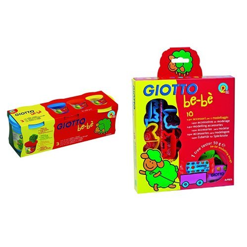 Giotto - Pack 3 unidades pasta para jugar, amarillo, azul y rojo, 220 g + Blíster con 10 accesorios para moldear y 1 pastilla de súper pasta, 50 g