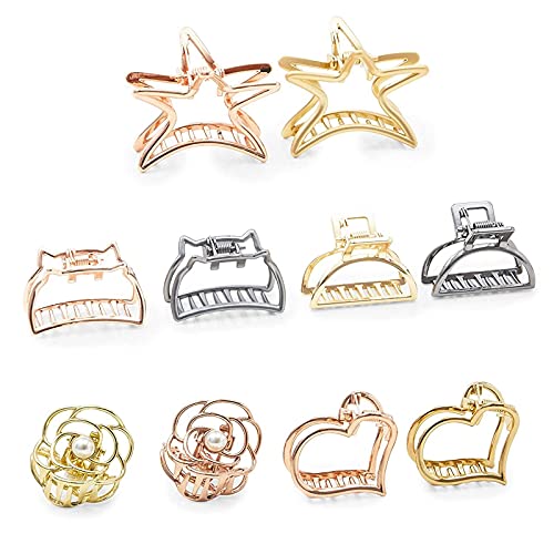 Metal Hair Claw Clips for Women, Star, Cat, Heart, and Rose (2 Inches, 10 Pack)