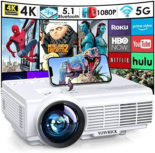 YOWHICK Projector with WiFi and Bluetooth, 5G WiFi Native 1080P 9500L Outdoor Projector 4K Support, Mini Portable Movie Projector with Screen, for HDMI, VGA, USB, Laptop, iOS & Android Phone