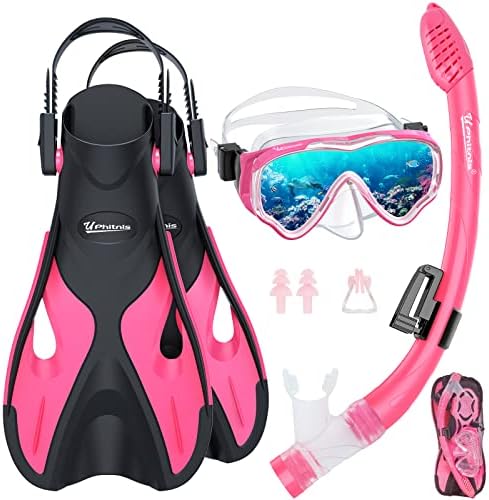 UPhitnis Kids Snorkel Set Swim Fin Kids Snorkeling Set 180 Degree Panoramic View with Anti-Fog Diving Mask Dry Top Snorkel Dive Flippers Snorkeling Gear for Kids Age 4-12
