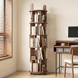 Kryonix Rotating Bookshelf, Solid Wood 5 Tier Spinning Book Shelf Tower, 360Β° Revolving Bookcase on Wheels, Corner Round Rolling Bookshelves for Small Spaces, Bedroom, Office, Kids Room (Walnut)