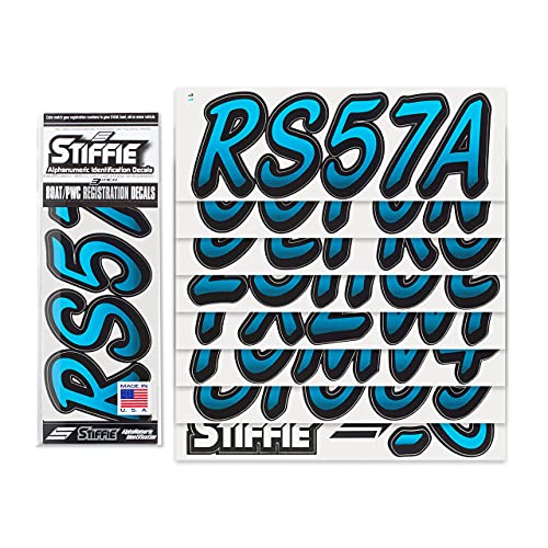 Stiffie Whipline Sky Blue/Black 3" Alpha-Numeric Registration Identification Numbers Stickers Decals For Boats & Personal Watercraft #TOP1