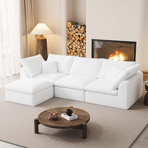 Image of Modular Sectional Sofa Couches L-Shape Couch 3 Seat Modular Sofa Memory Foam Sectional Couches for Living Room (White, 108 inch+3 Seater+1 Ottoman)