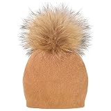 FXBSQF Women Double Cashmere Beanie,Pom Pom Beanie,Real Raccoon Bobble Beanie,Winter Warm Knitted Le