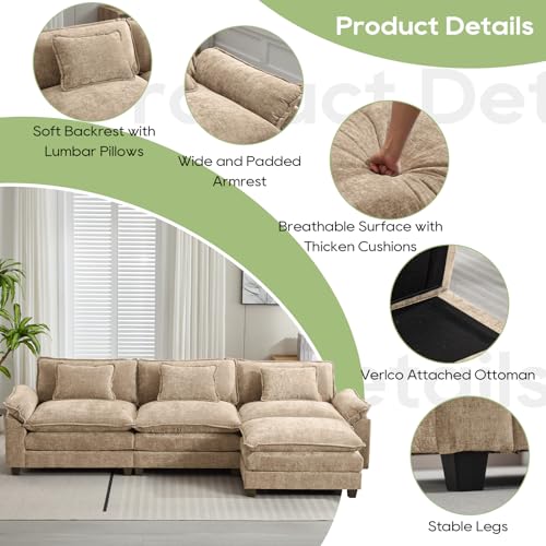 Image of Oprisen 120 inch Modular Sectional Sofa, Comfy Cloud Couch Sectional Sofa with Ottoman, Chenille Sofa Sleeper Deep Seat Sofa with Throw Pillows for Living Room (Khaki, 120 inch- L Shape)