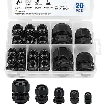 TICONN 20 Pcs Waterproof Cable Gland Kit, Nylon NPT Adjustable Connectors, IP68 Rated