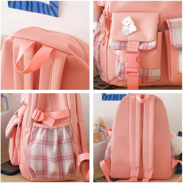 Miniatura 5 de Juego de 5 mochilas Kawaii con colgantes y alfileres Kawaii, accesorios estéticos, bolsas de libros con colgante, Rosado, Moderno