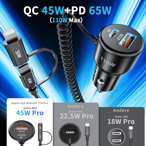 Zigarettenanzünder USB C, 110W 65W+45W 12V USB Auto Kfz Ladegerät Autoladegerät mit 1.5M Schnellladegerät Spiral Typ C Adapter L Kabel Car Charger für iPhone 16 15 14 Samsung iPad Pro Airpods Android – Bild 3