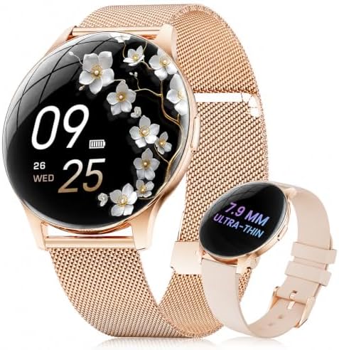 ESFOE Damen Smartwatch Ultradünn,1.43" AMOLED Smart Watch mit Bluetooth Anrufe,Uhr Damen Herren mit 120 Sportmodi Pulsuhr Schlafmonitor Schrittzähler, IP68 Fitnessuhr für iOS Andro